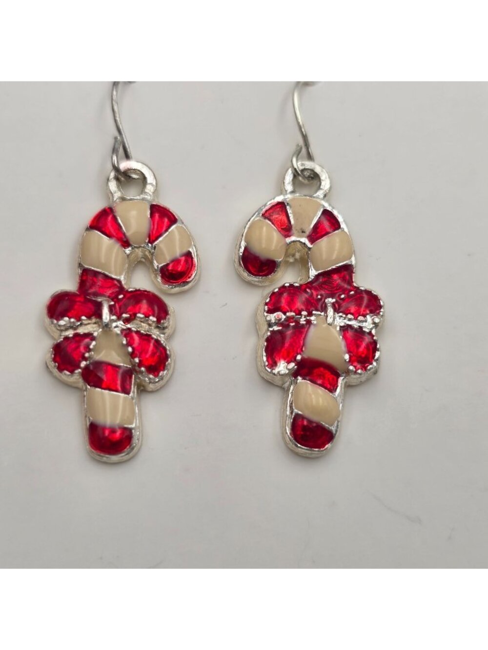 Candy Cane Dangle Earrings With Red & White Enamel Christmas Themed Jewelry 1"